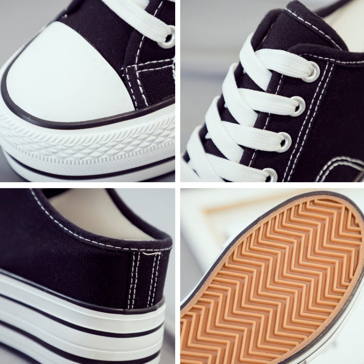 Thick-soled canvas platform slip-on close-up: laces, stitching, and textured rubber outsole
