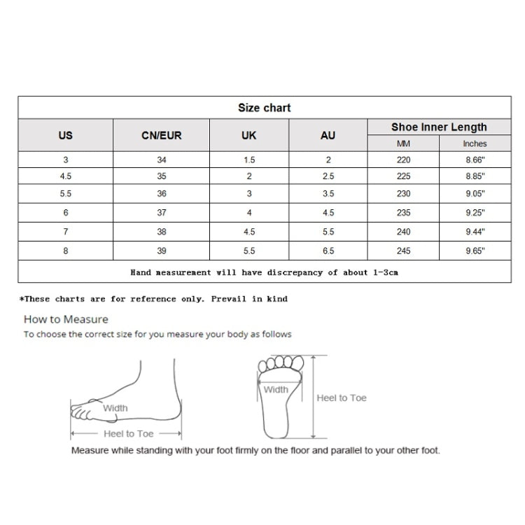 Shoe size chart for platform canvas slip-ons with US, UK, EU, and inner length
