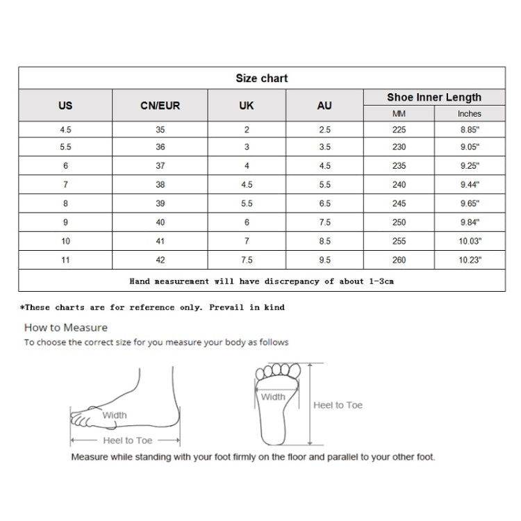 Sandal size chart with inner length measurements for US, EU, UK, AU sizes
