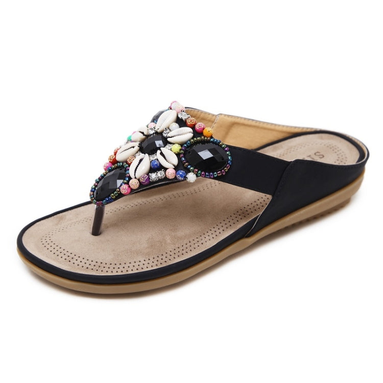 Beaded shell thong sandals, black upper with multicolor bead-and-shell ornament