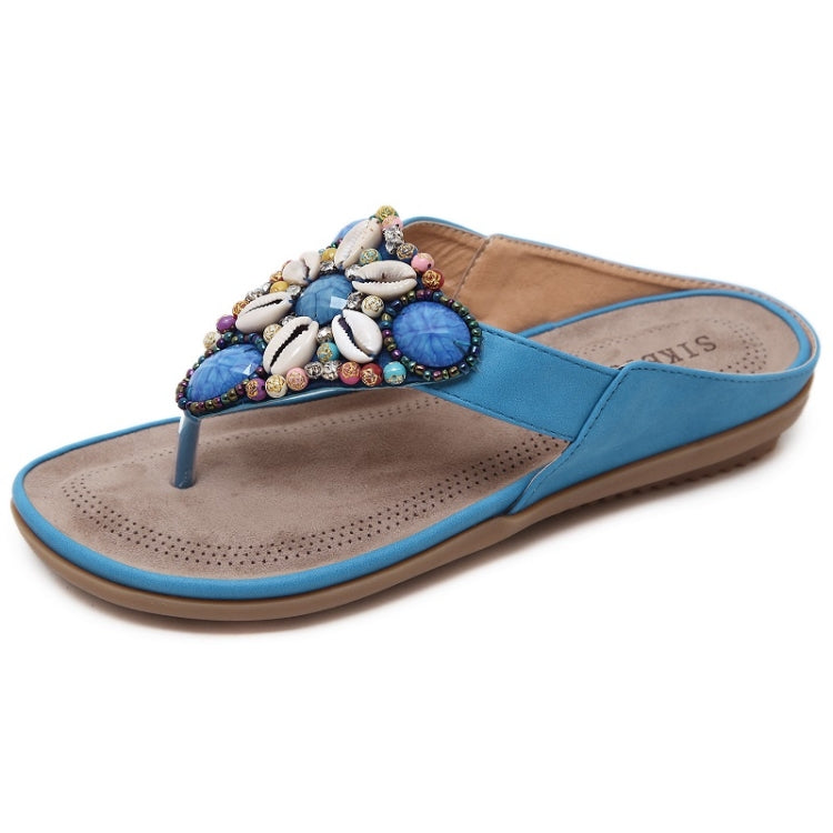 Beaded shell thong sandals, turquoise-blue strap and toe post with seashell bead detail