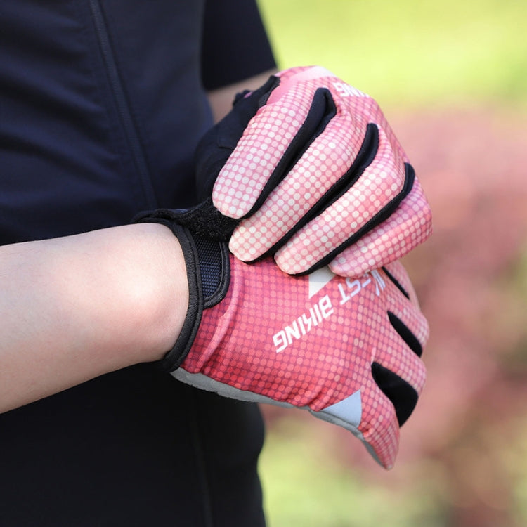 Red full-finger cycling gloves worn on a rider’s hand with black wrist strap