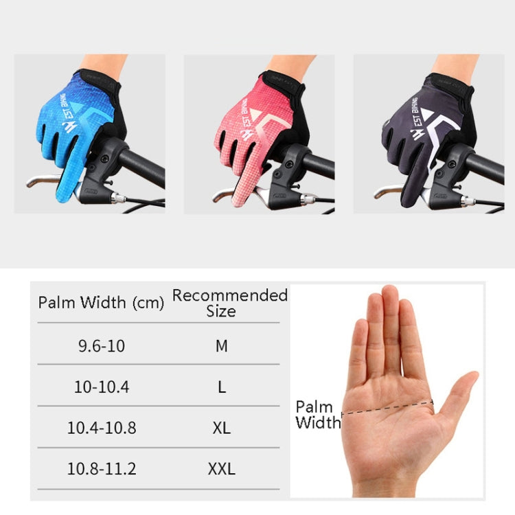 Full-finger cycling gloves in blue, red, and dark colors shown on a handlebar