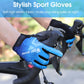 Blue full-finger sport cycling gloves with black knuckle panels and grippy palm