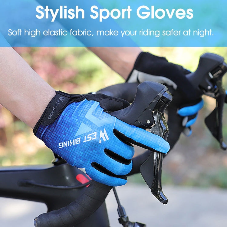 Blue full-finger sport cycling gloves with black knuckle panels and grippy palm
