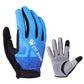 Blue and black full-finger riding gloves with textured palm and breathable back