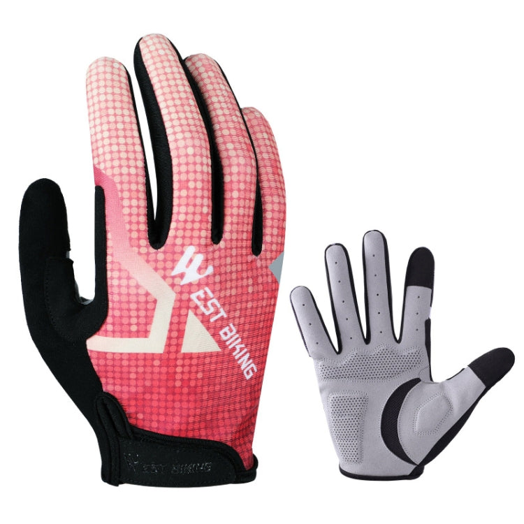 Red full-finger cycling gloves with black back padding and wrist cuff, pair