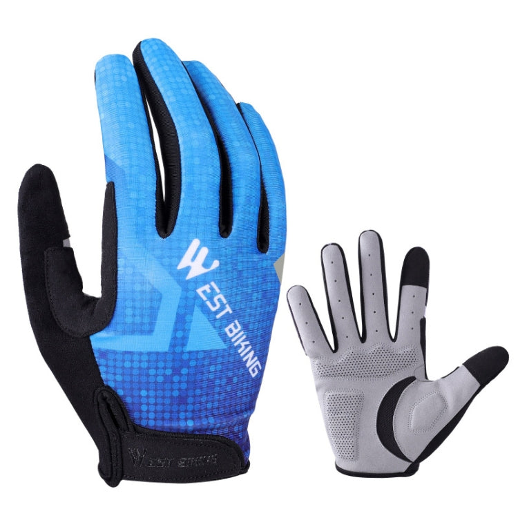 Blue full-finger cycling gloves with black back padding and wrist cuff, pair