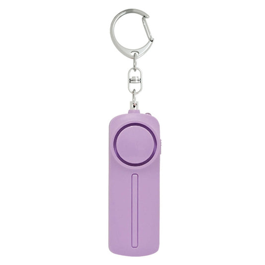 Purple personal alarm keychain with pull ring, circular button, and metal clasp