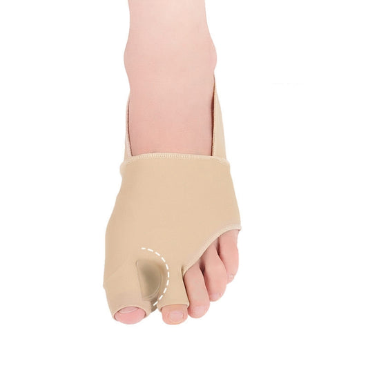 Beige split-toe foot guard cover with open toe seam and toe separation pocket.