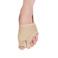 Beige toe guard sleeve with open toe tips and padded separator for big toe alignment.