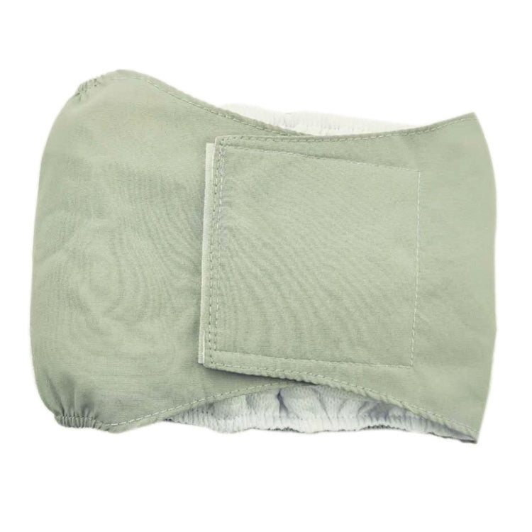 Light green dog belly wrap pants with front rectangular access patch and elastic hems
