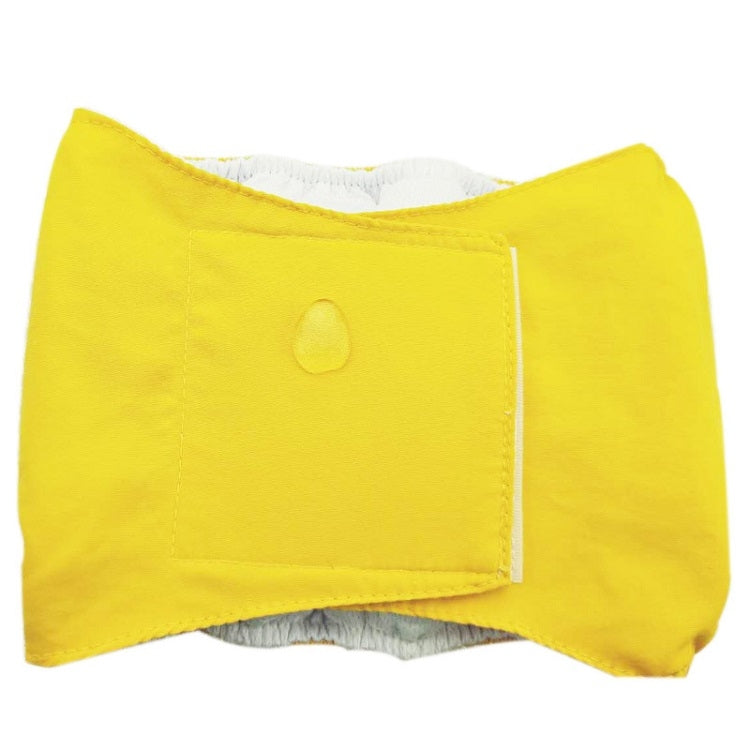 Yellow pet belly belt pants with teardrop front patch and reinforced stitched edges