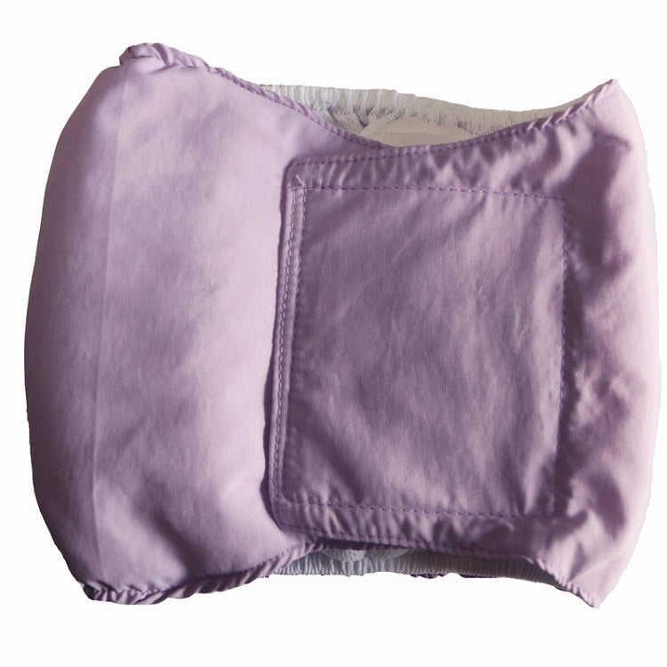 Lavender dog belly wrap pants with front rectangular access panel and elastic top