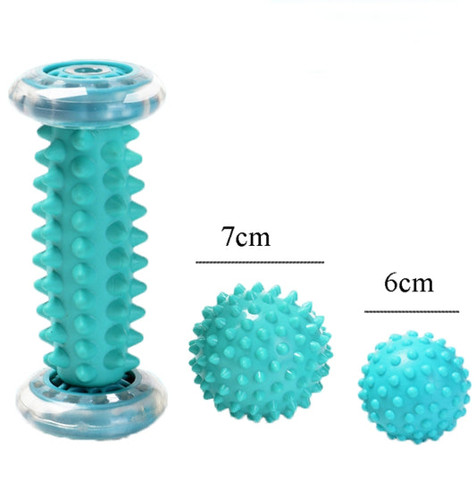 Teal foot massage ball set with spiky roller; includes 7 cm and 6 cm balls