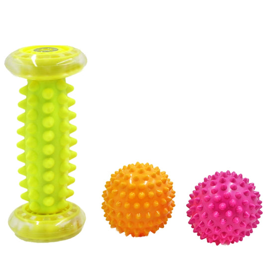 Yellow massage foot ball with ridged roller and textured balls in orange and pink