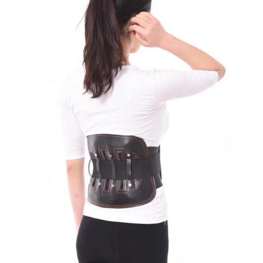 Lumbar support waist belt with dark leather lumbar pad and cross-belt stabilizing straps