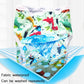 Dinosaur-print waterproof dog diaper pants with blue water splash graphic