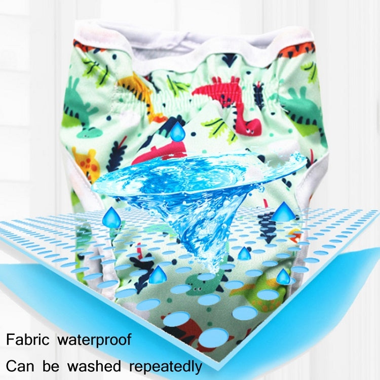 Dinosaur-print waterproof dog diaper pants with blue water splash graphic