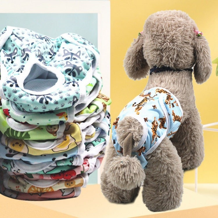Stack of cartoon dog diaper pants with assorted blue and animal prints