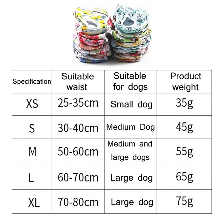 Size chart for dog physiological pants, XS–XL waist and product weight ranges