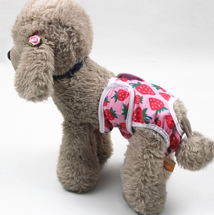 Dog anti-estrus belly wrap pants in red strawberry print with white trim and adjustable fit