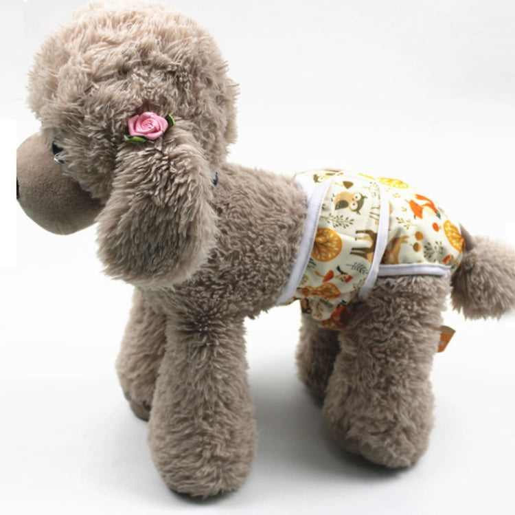 Dog diaper pants with white animal print, beige trim and adjustable belly strap