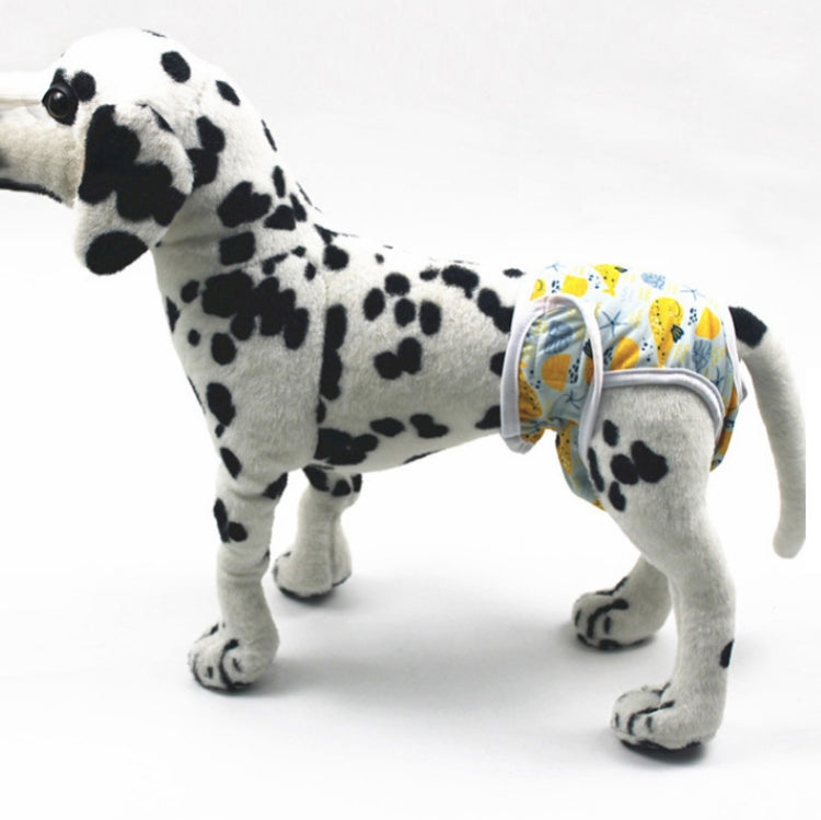 Dalmatian dog wearing white with yellow cartoon anti-harassment pants with leg holes