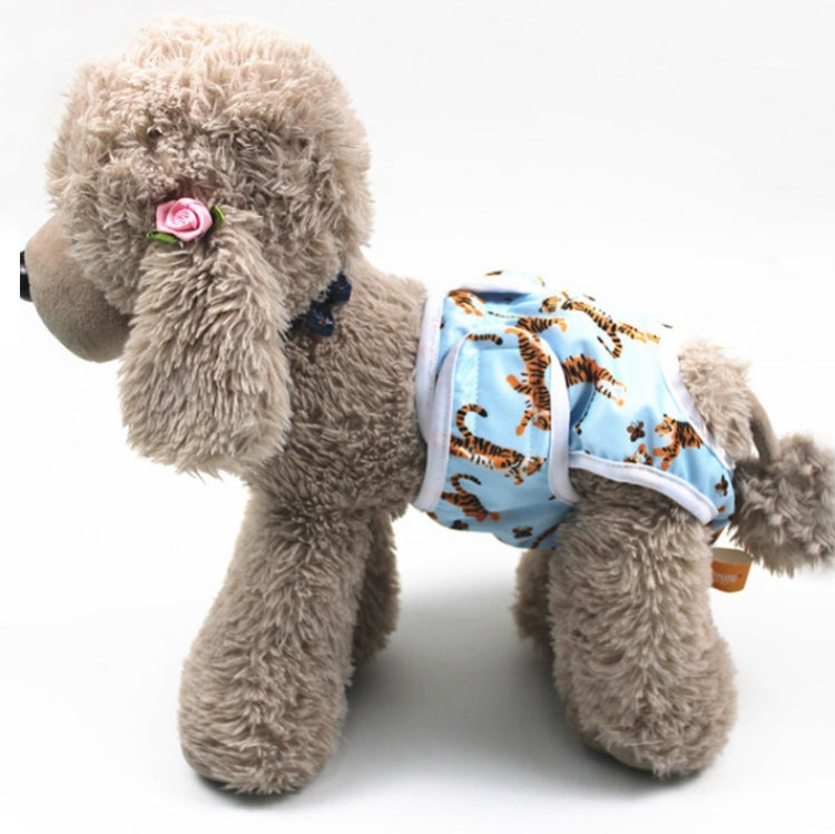 Dog estrus anti-harassment pants on small dog; light blue tiger print