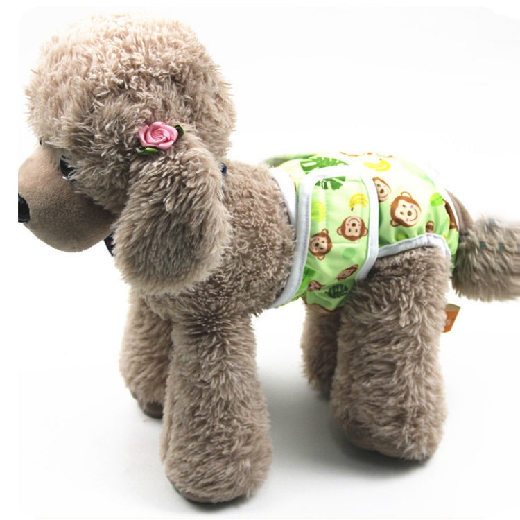 Dog estrus anti-harassment pants on small dog; green monkey print