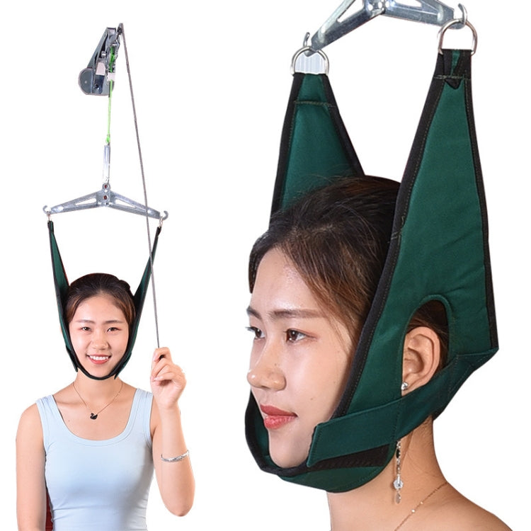 Cervical traction sling with dark green hood and side straps, worn on a person