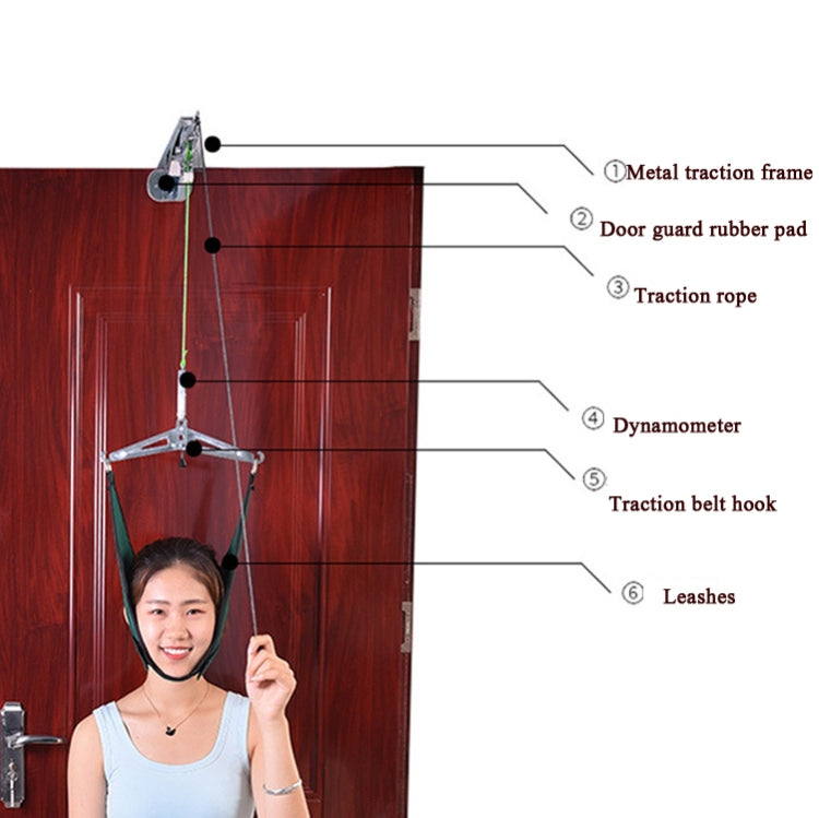 Door-mounted cervical traction setup with metal frame and hanging traction sling