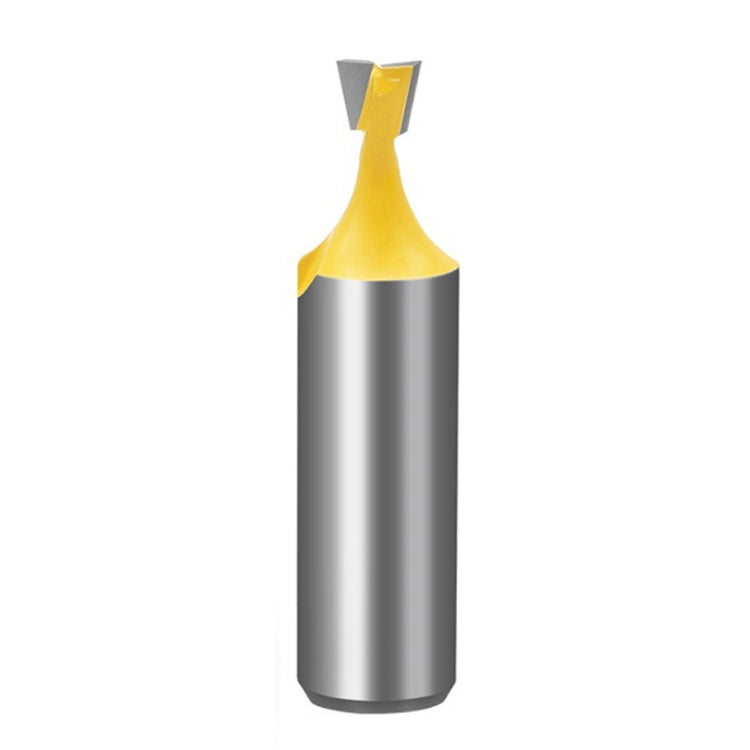 Dovetail wood milling cutter, centered view of yellow cutting head on silver shank