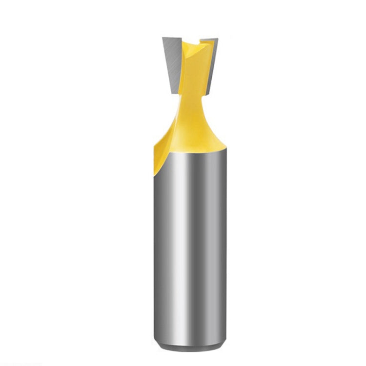 Dovetail wood milling cutter with yellow head and silver body, angled cutting tip visible