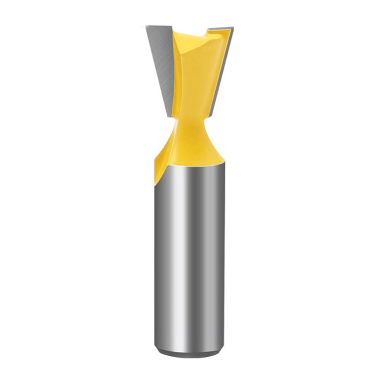 Dovetail wood milling cutter with yellow cutting head and silver cylindrical shank