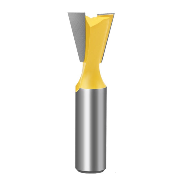 Dovetail wood milling cutter, yellow top and silver shank with angled cutting edge
