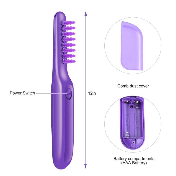 Purple electric rotating comb with power switch and AAA battery compartment