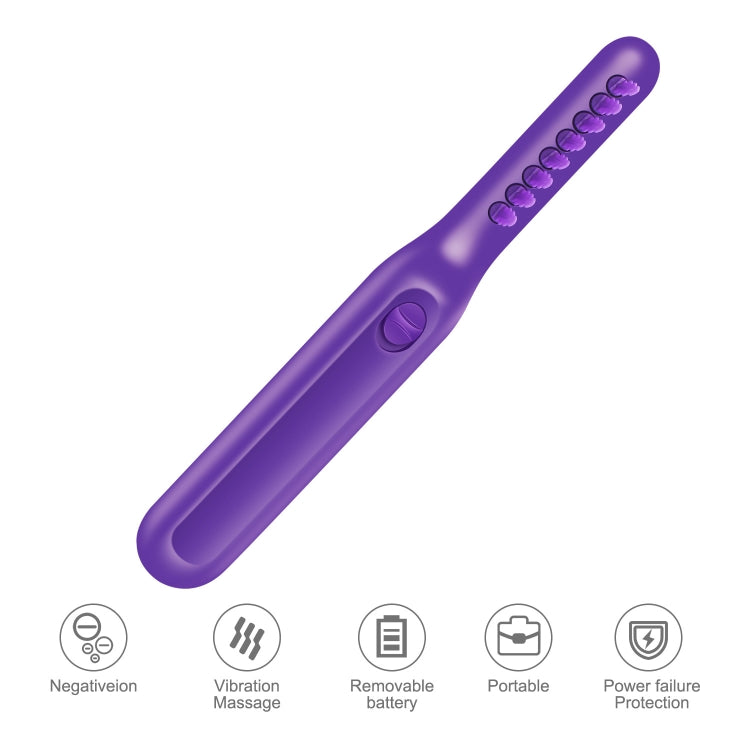Purple handheld electric rotating comb, angled view of bristle teeth