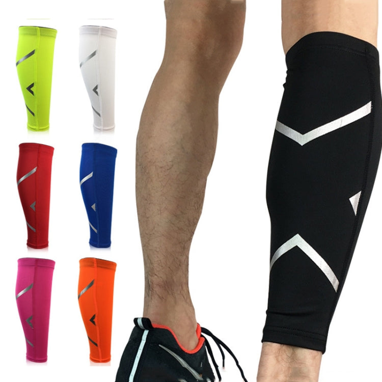Compression calf sleeve worn on leg, black fabric with white printed chevron logo