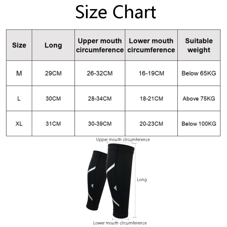 Compression calf sleeve size chart showing M, L, XL measurements