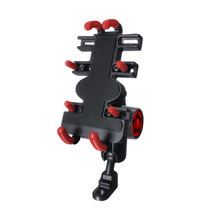 Motorcycle metal phone bracket with red anti-slip mounts and handlebar-style clamp base