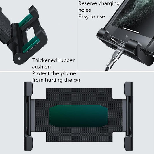 Black phone clamp mount with protective rubber pads and charging-hole access