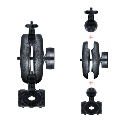 Motorcycle recorder camera bracket mount with black ball head and clamp, kit pieces