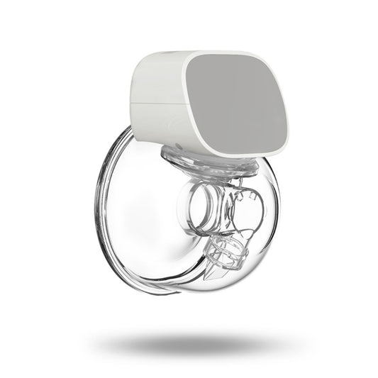 Wearable automatic breast pump with gray cap and clear tubing, single unit