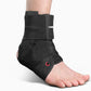 Black ankle support wrap with textured fabric, eight-shaped strap and red detail
