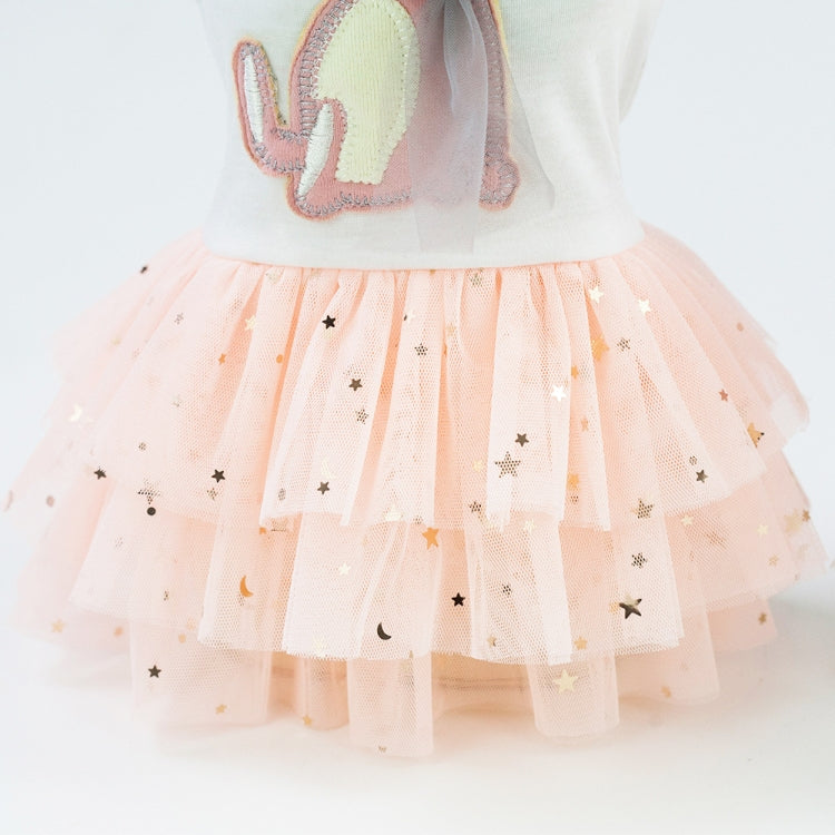 Peach-pink tulle skirt with star pattern and layered mesh ruffle hem