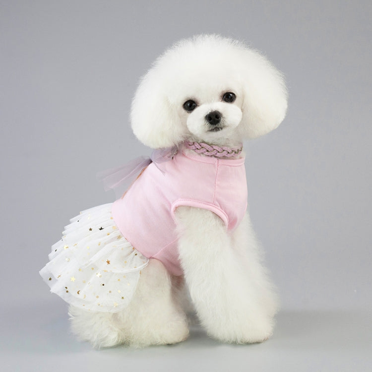 Dog in pink bunny pet outfit with star tulle sleeves and braided collar detail