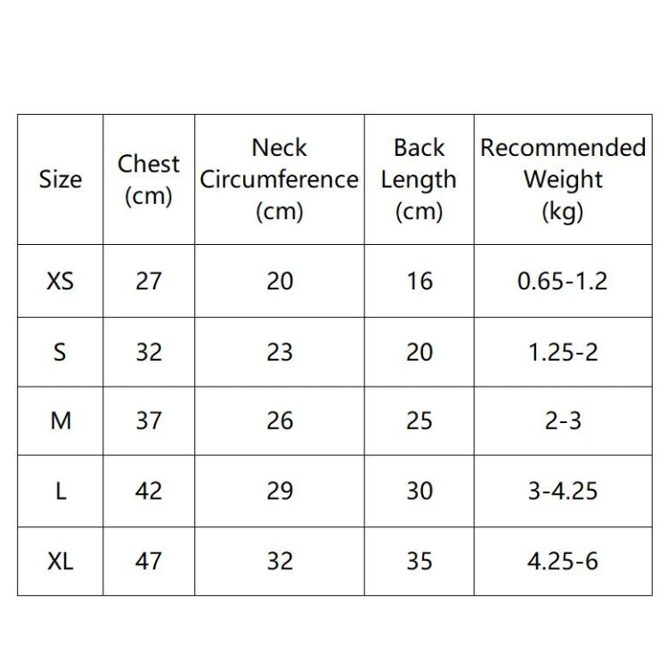 Pet clothing size chart with chest, neck, back length, and recommended weight by size