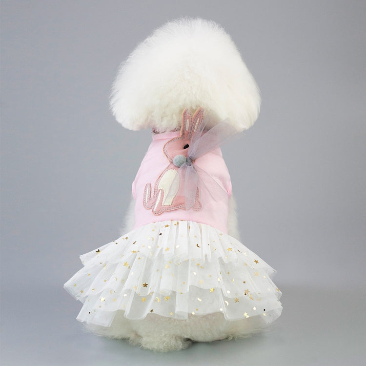 Rabbit pet skirt with pink top and flowing white tutu skirt with gold star pattern