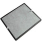 Square air filter panel with gray fabric media and black outer frame